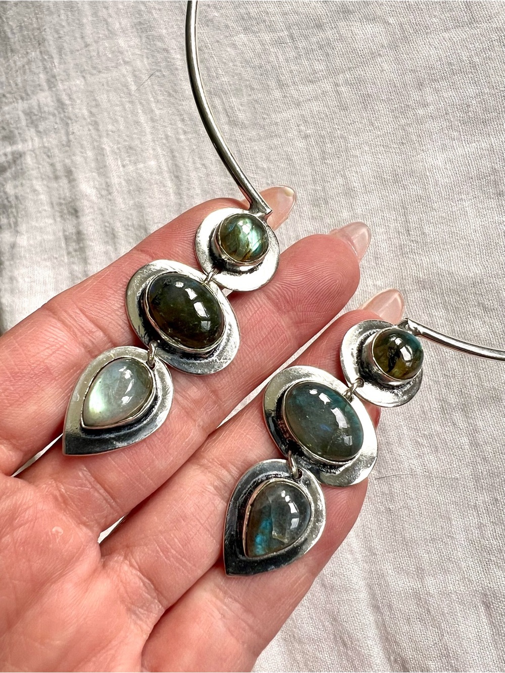 925 FLASH LABRADORITE Wire Choker Collar Necklace - Picture 5 of 9
